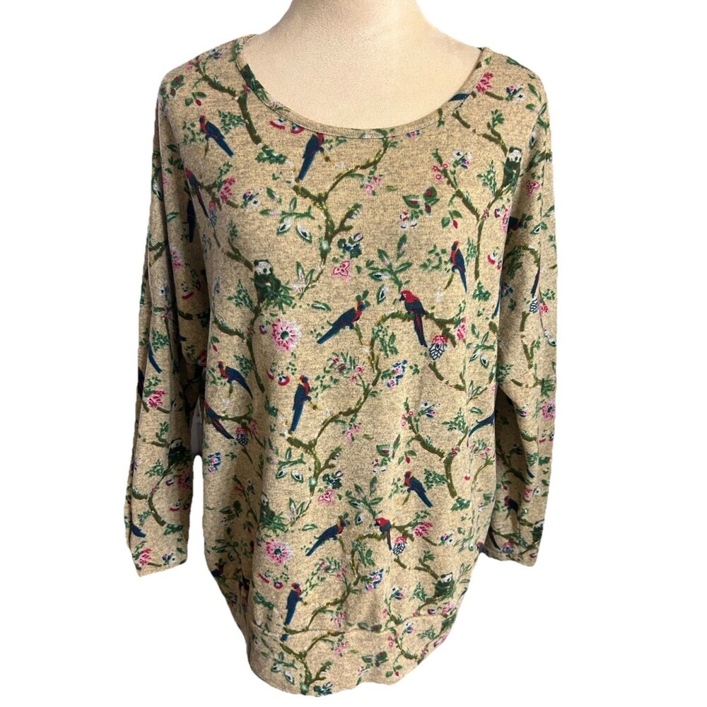 Papillon Womens XL Floral Bird Panda Bear Tan Knit Stretch Long Sleeves Sweater